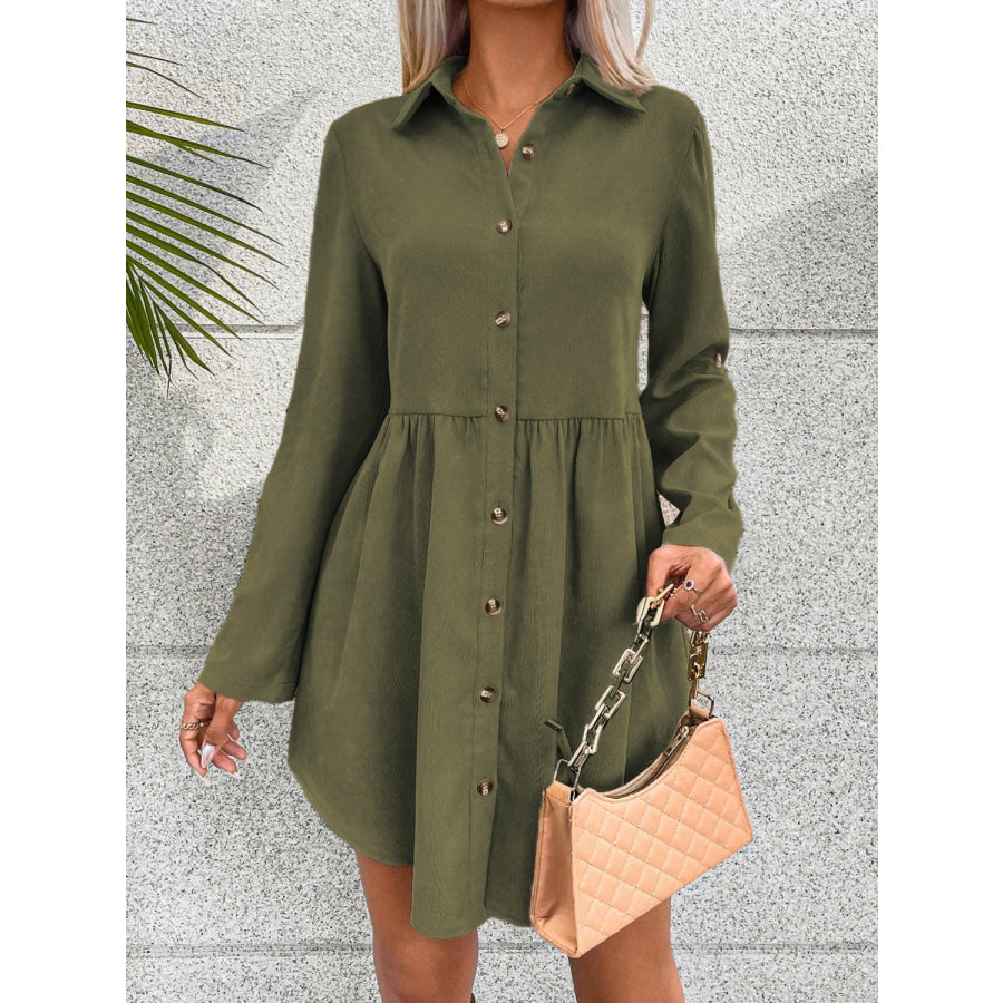 Button Up Collared Neck Long Sleeve Dress Apparel and Accessories