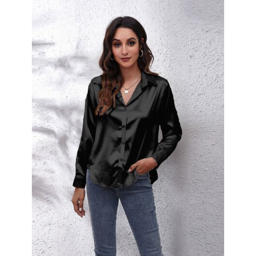 Button Up Collared Neck Long Sleeve Shirt Black / S Clothing