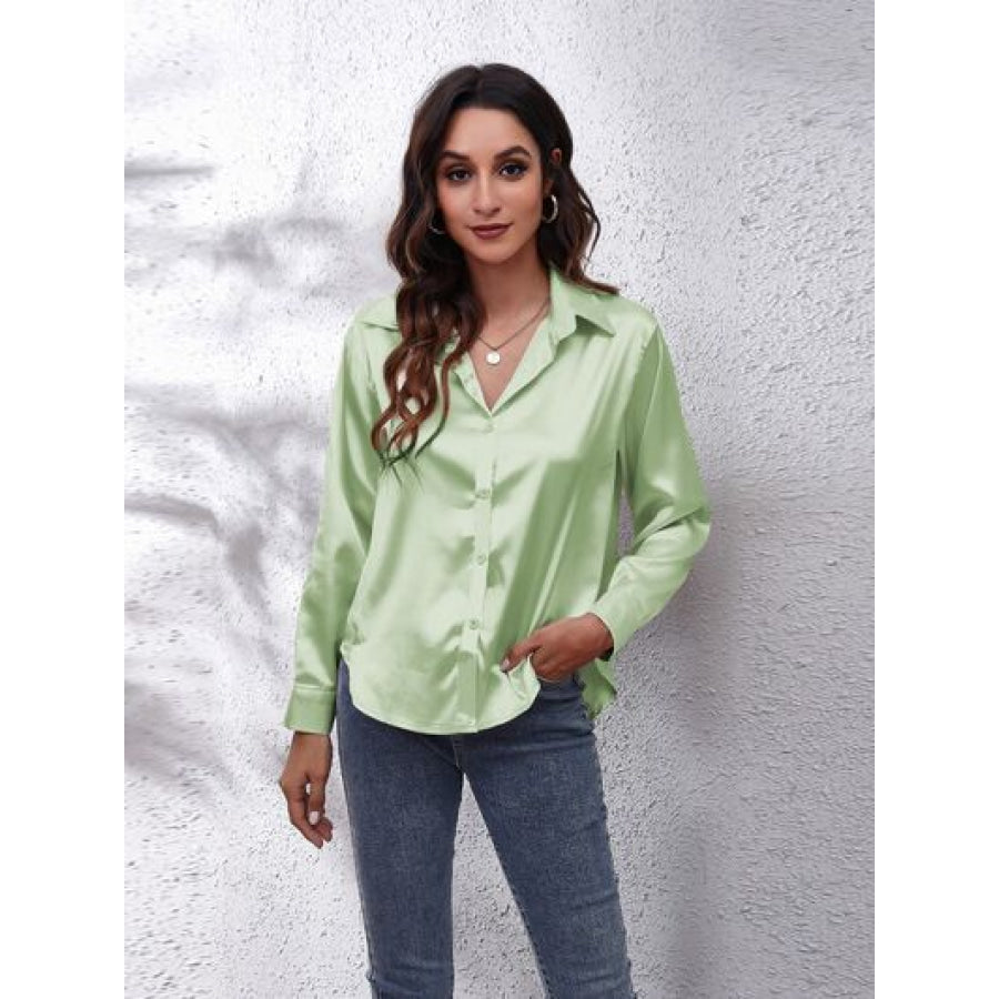 Button Up Collared Neck Long Sleeve Shirt Light Green / S Clothing