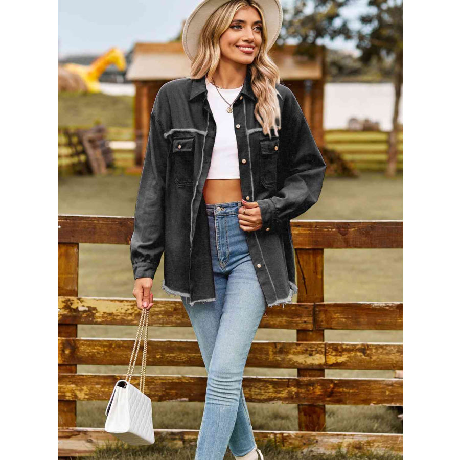 Button Up Collared Neck Raw Hem Denim Top