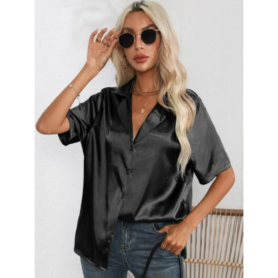 Button Up Collared Neck Shirt Black / S Clothing