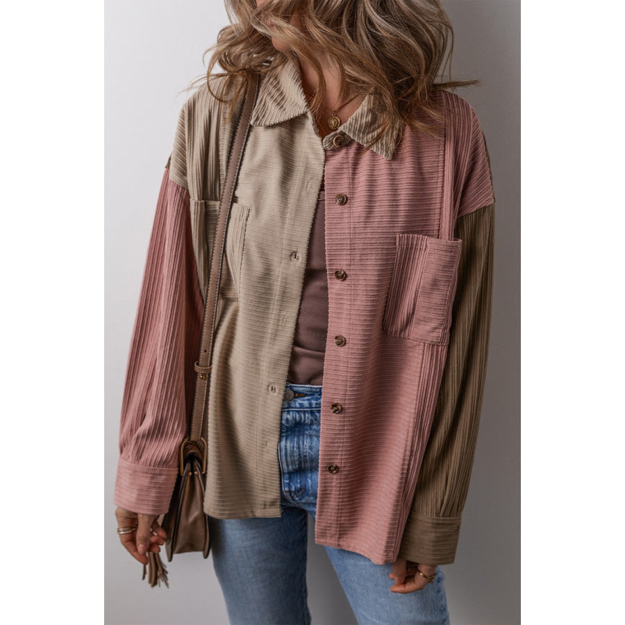Button Up Color Block Long Sleeve Shacket Dusty Pink / S Apparel and Accessories