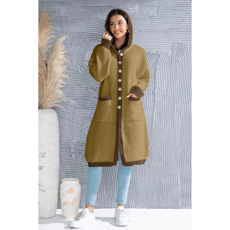 Button Up Contrast Trim Hooded Cardigan Olive / S Clothing