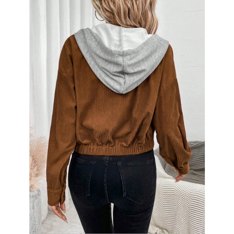 Button Up Drawstring Hooded Jacket Apparel and Accessories