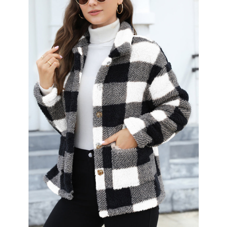 Button Up Drop Shoulder Fuzzy Jacket Apparel and Accessories
