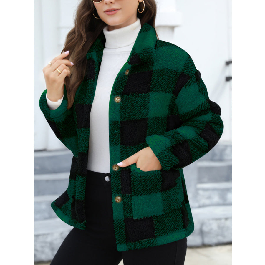 Button Up Drop Shoulder Fuzzy Jacket Apparel and Accessories