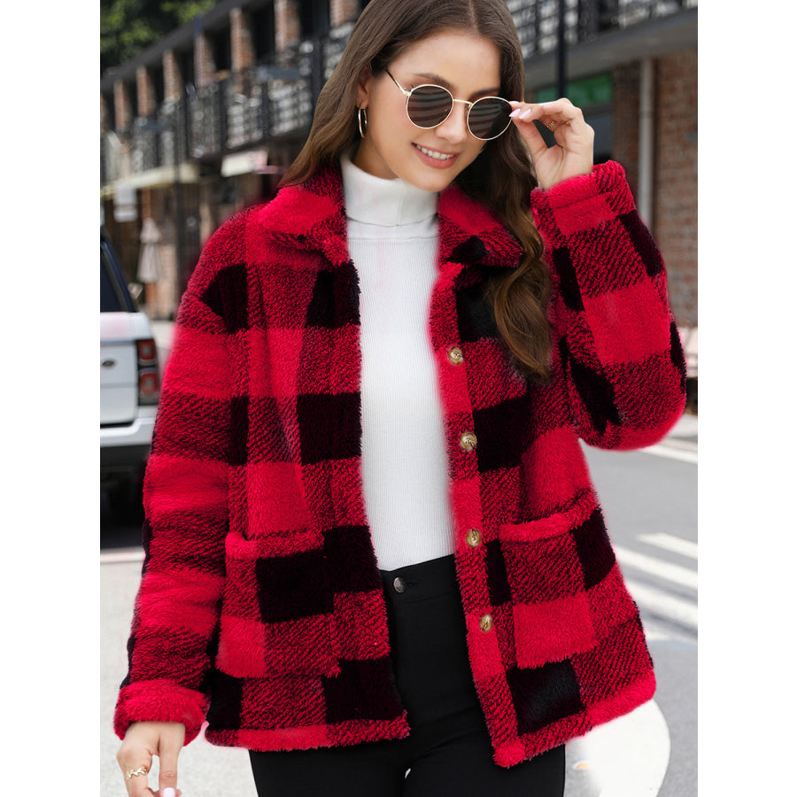 Button Up Drop Shoulder Fuzzy Jacket Apparel and Accessories