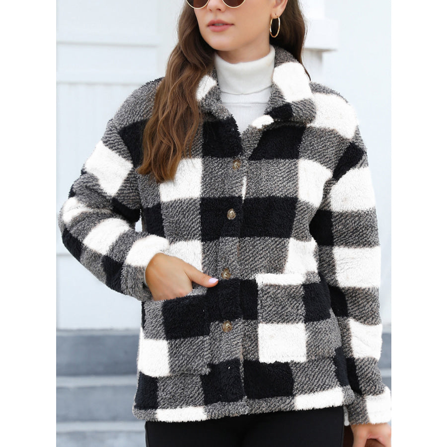 Button Up Drop Shoulder Fuzzy Jacket Apparel and Accessories