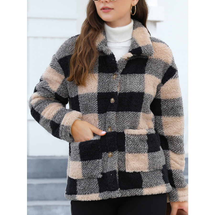 Button Up Drop Shoulder Fuzzy Jacket Apparel and Accessories