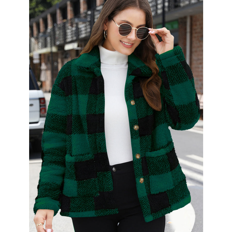Button Up Drop Shoulder Fuzzy Jacket Apparel and Accessories