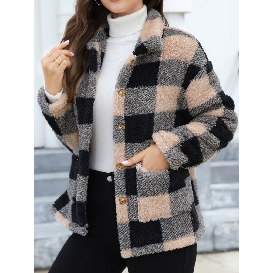 Button Up Drop Shoulder Fuzzy Jacket Apparel and Accessories