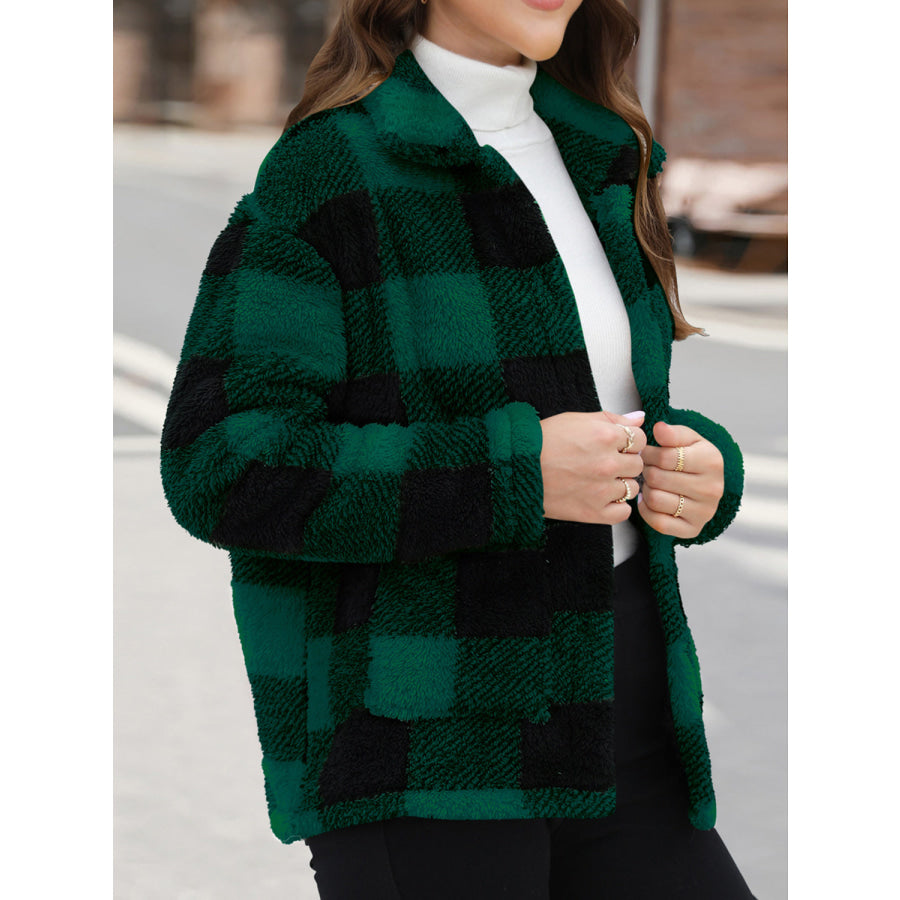 Button Up Drop Shoulder Fuzzy Jacket Apparel and Accessories