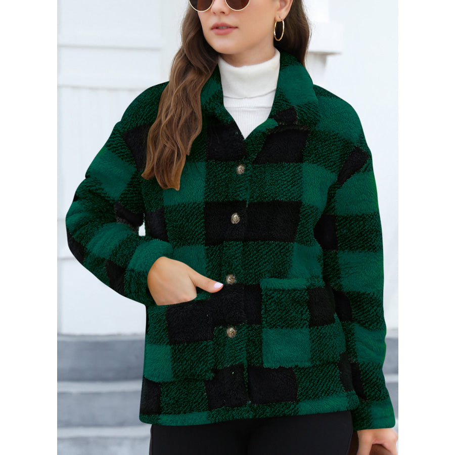Button Up Drop Shoulder Fuzzy Jacket Dark Green / S Apparel and Accessories