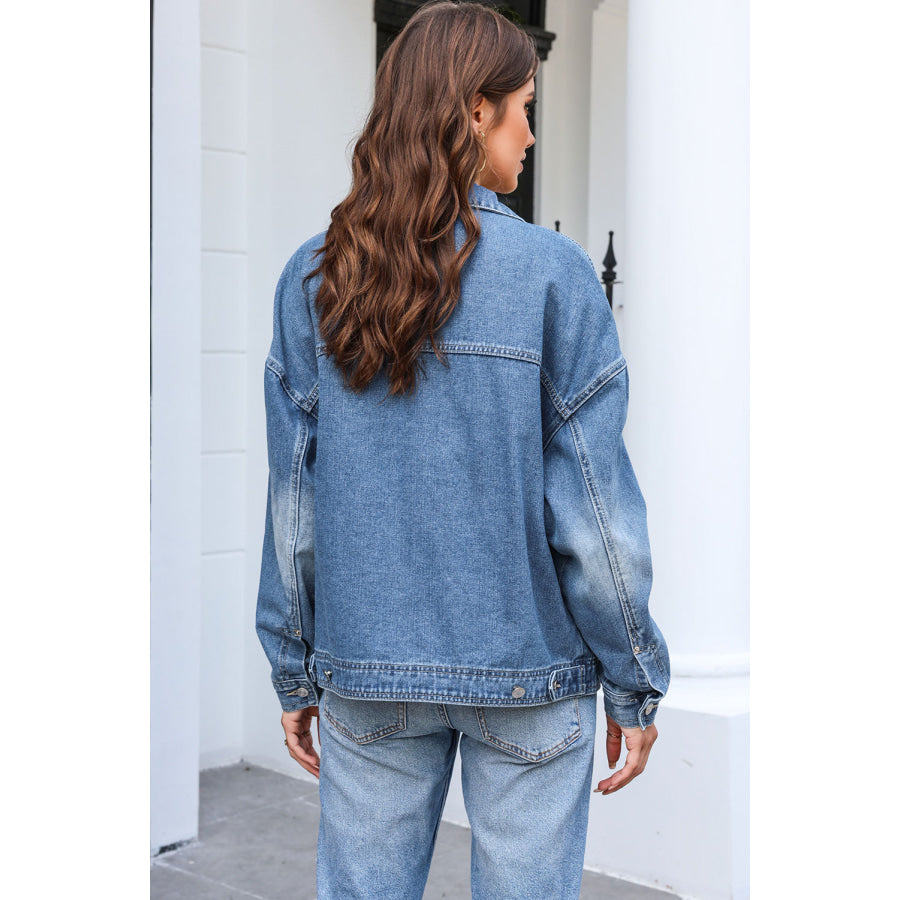 Button Up Dropped Shoulder Denim Jacket with Pockets Apparel and Accessories