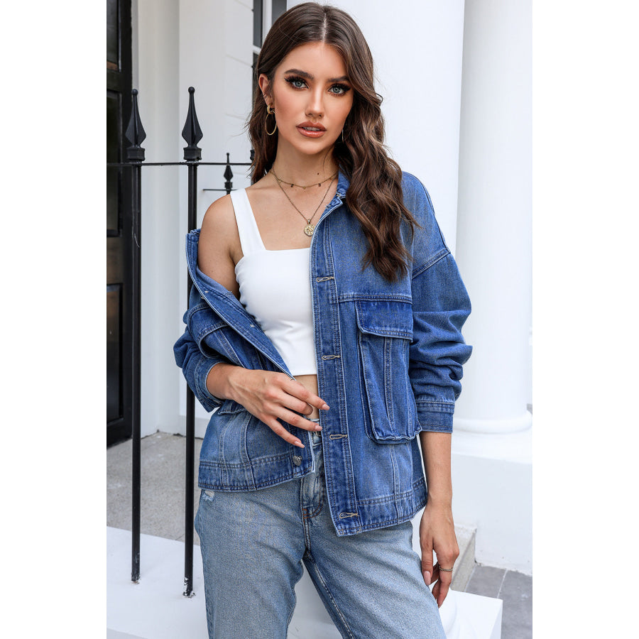 Button Up Dropped Shoulder Denim Jacket with Pockets Apparel and Accessories