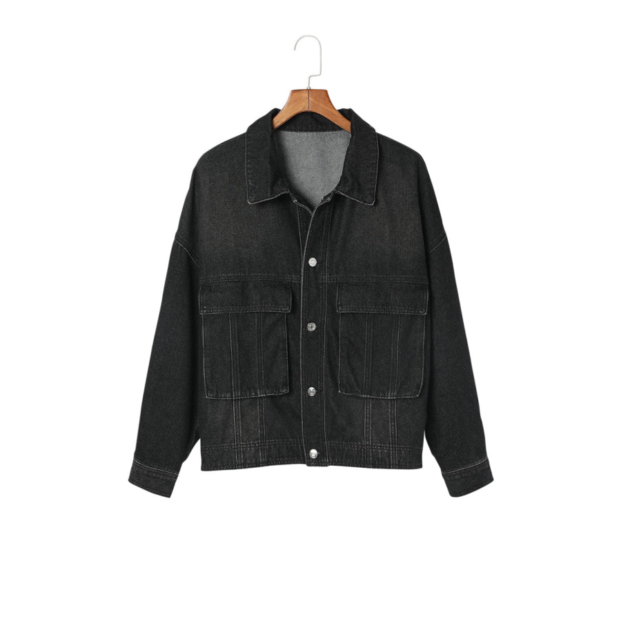 Button Up Dropped Shoulder Denim Jacket with Pockets Black / S Apparel and Accessories