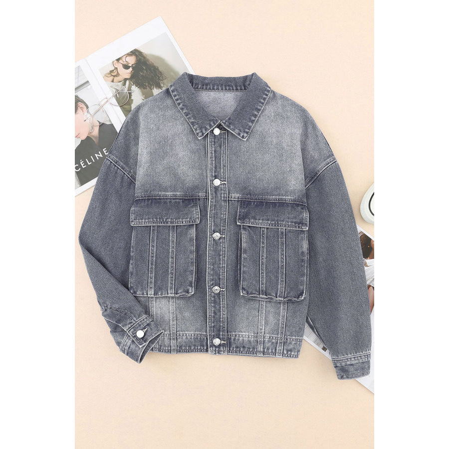 Button Up Dropped Shoulder Denim Jacket with Pockets Charcoal / S Apparel and Accessories