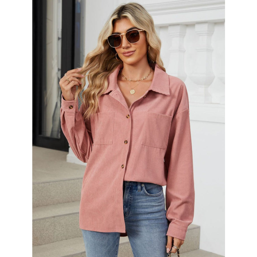 Button Up Dropped Shoulder Long Sleeve Outerwear Apparel and Accessories