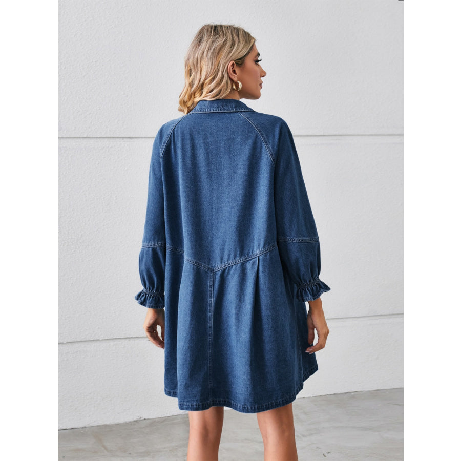 Button Up Flounce Sleeve Mini Denim Dress Apparel and Accessories