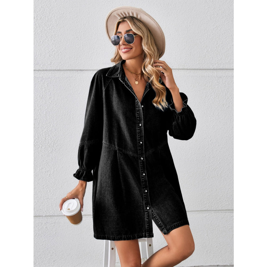 Button Up Flounce Sleeve Mini Denim Dress Apparel and Accessories