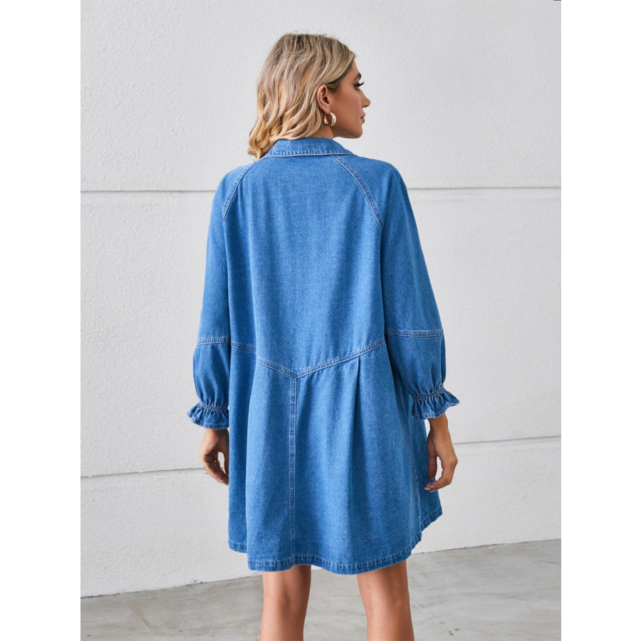 Button Up Flounce Sleeve Mini Denim Dress Apparel and Accessories