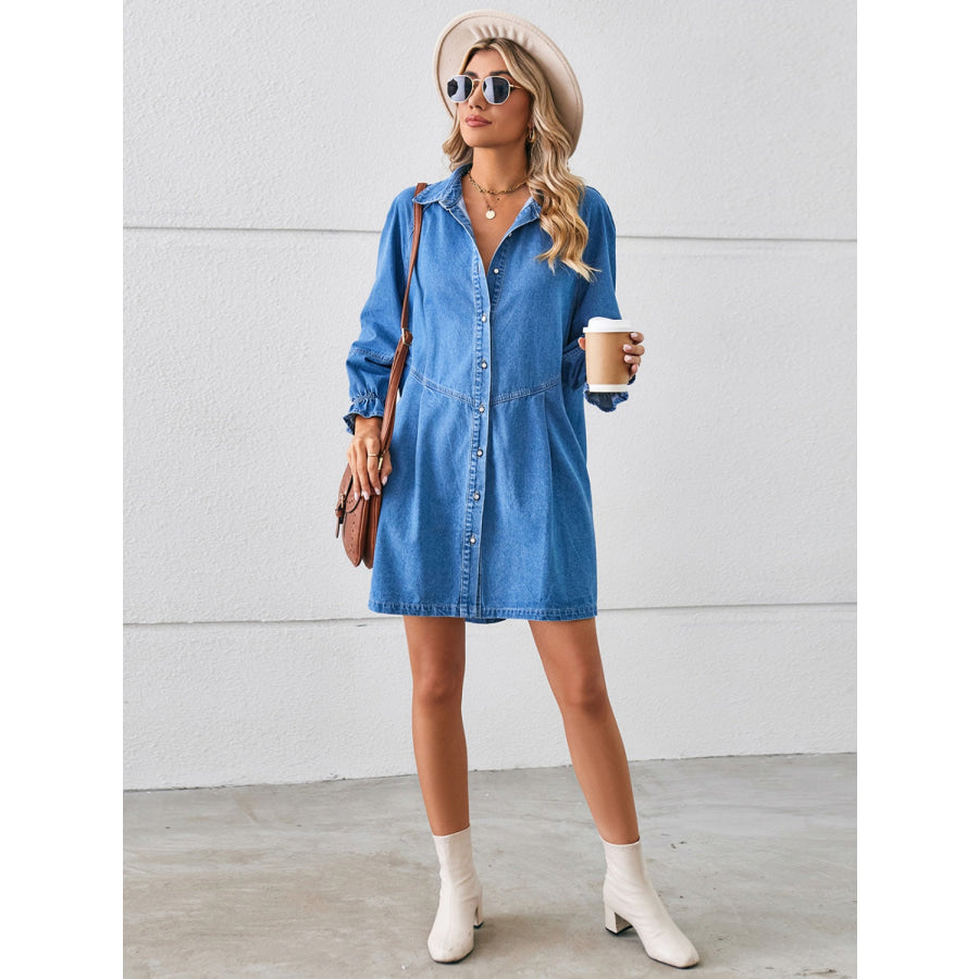 Button Up Flounce Sleeve Mini Denim Dress Apparel and Accessories
