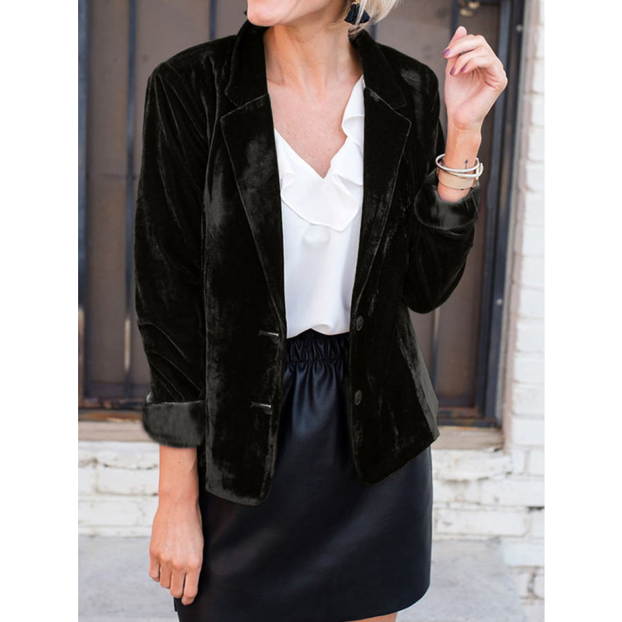 Button Up Lapel Collar Blazer Black / S Apparel and Accessories