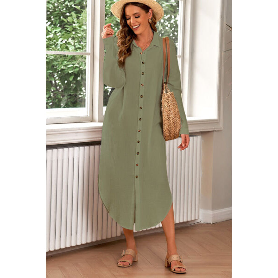Button Up Long Sleeve Shirt Dress Moss / S Apparel and Accessories