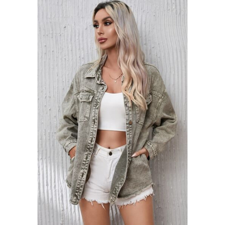Button Up Pocketed Raw Hem Denim Jacket Clothing