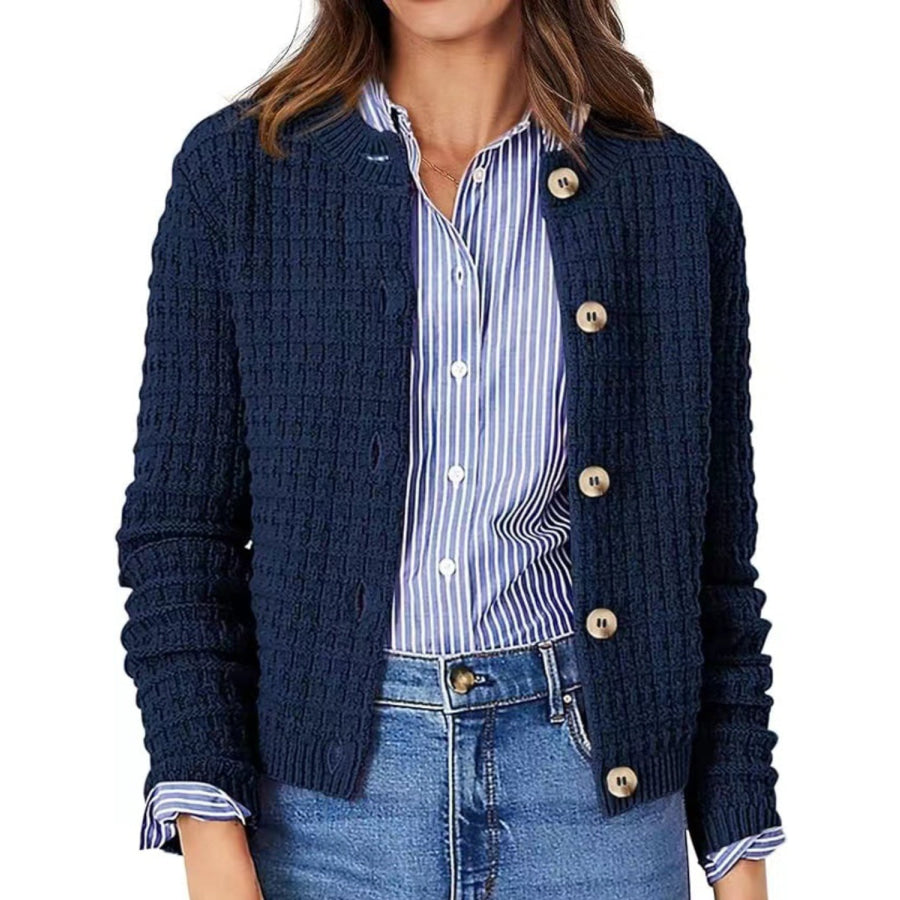 Button Up Round Neck Long Sleeve Cardigan Apparel and Accessories