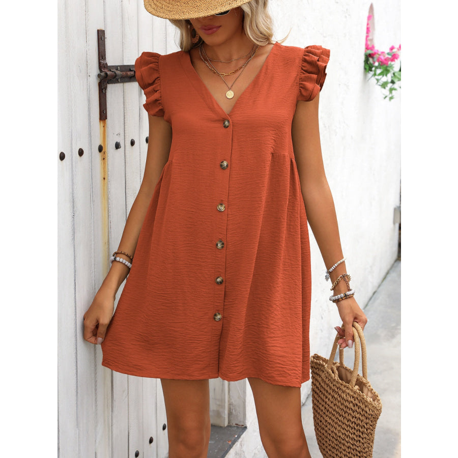 Button Up V-Neck Cap Sleeve Mini Dress Orange-Red / S Apparel and Accessories