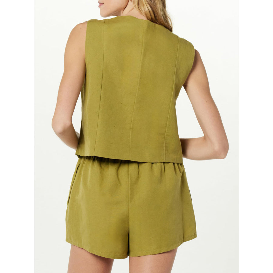 Button Up V-Neck Top and Pocketed Shorts Set Apparel and Accessories