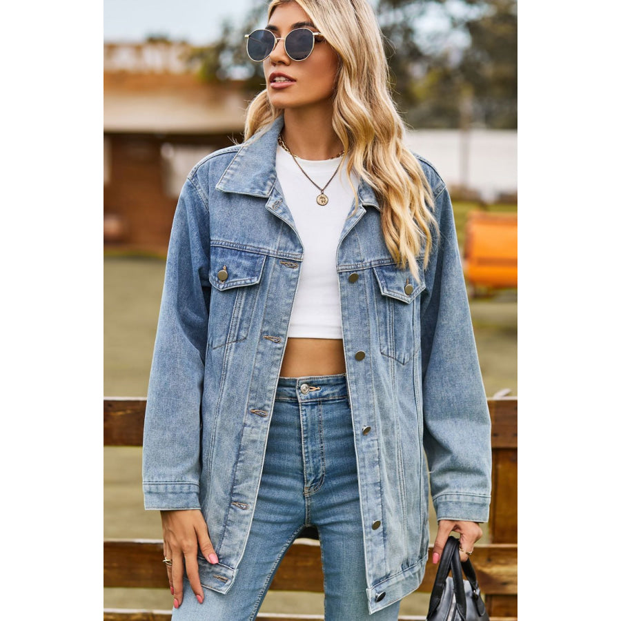 Buttoned Collared Neck Denim Jacket with Pockets