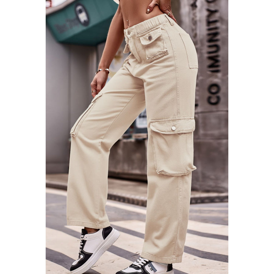 Buttoned Knee Pockets Loose Fit Jeans