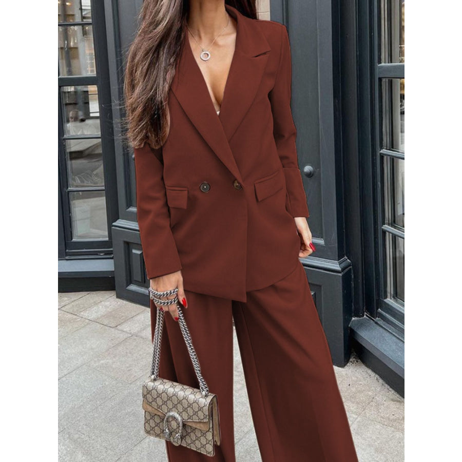 Buttoned Lapel Collar Long Sleeve Blazer and Pants Set Brown / S Apparel and Accessories
