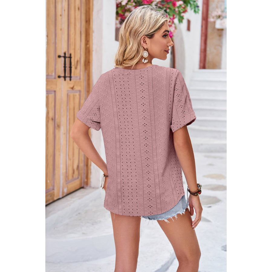 Buttoned Notched Neck Eyelet Top