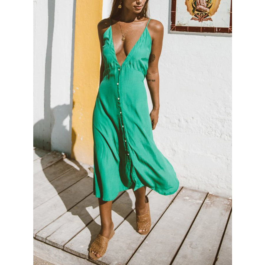 Buttoned Plunge Midi Cami Dress Green / S Apparel and Accessories