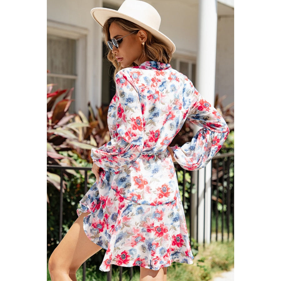 Buttoned Round Neck Mini Dress Floral / S