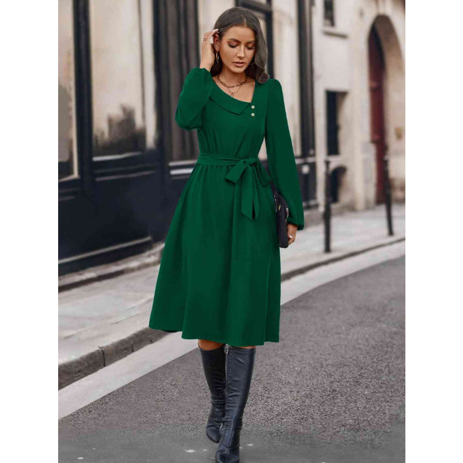 Buttoned Tie Front Long Sleeve Asymmetrical Neck Dress Green / S
