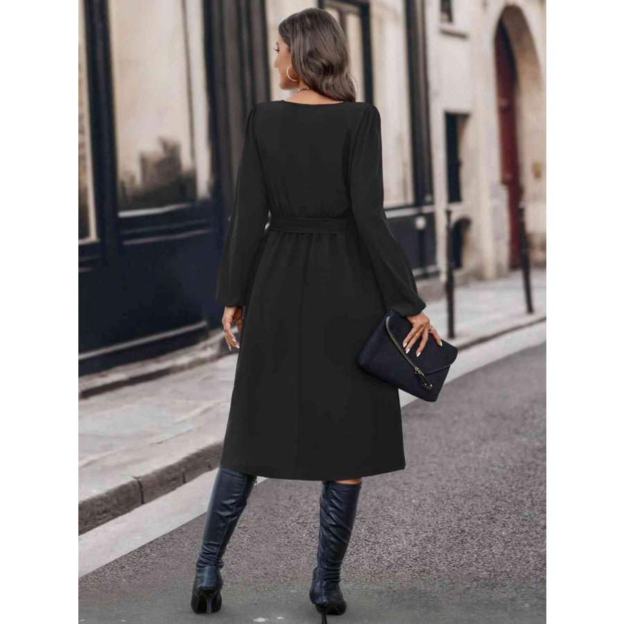 Buttoned Tie Front Long Sleeve Asymmetrical Neck Dress