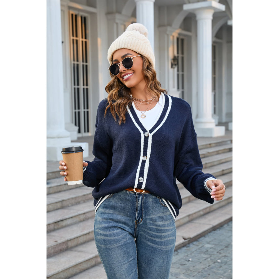 Buttoned V-Neck Long Sleeve Cardigan