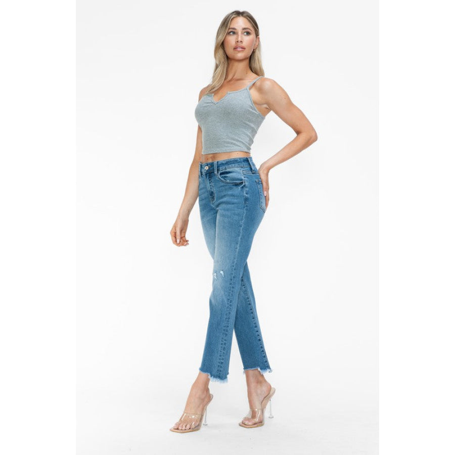 bytos Raw Hem Distressed Mid Rise Crop Jeans Apparel and Accessories