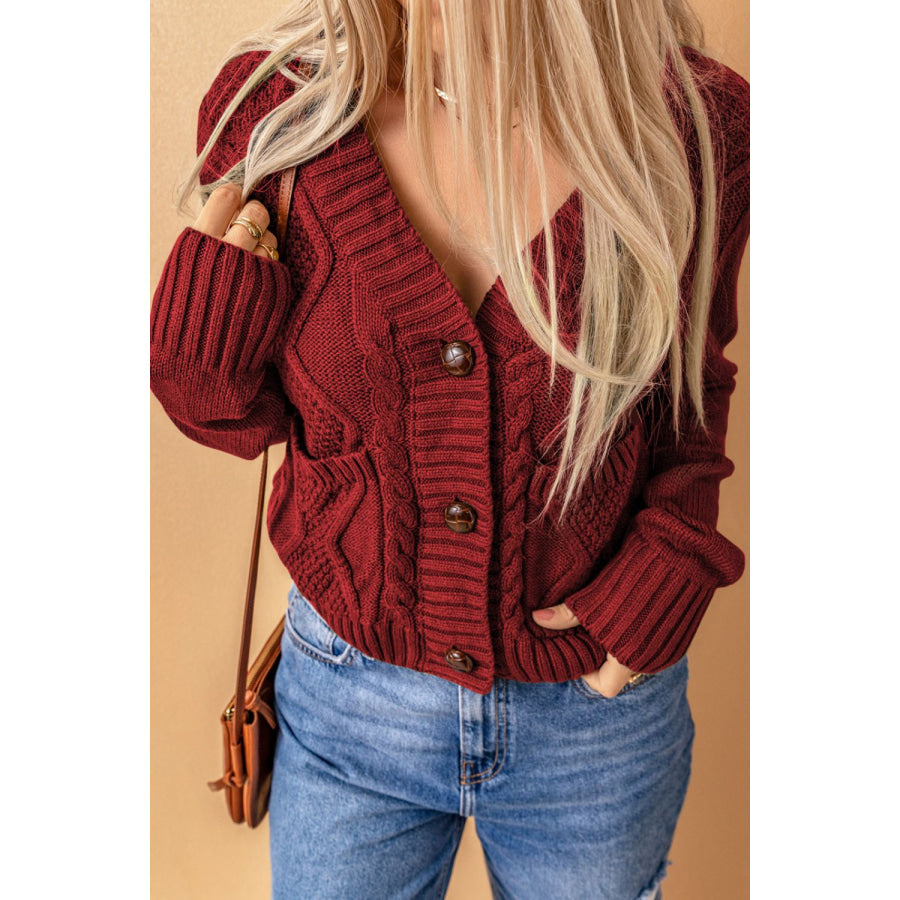 Cable-Knit Button Down V-Neck Cardigan Apparel and Accessories