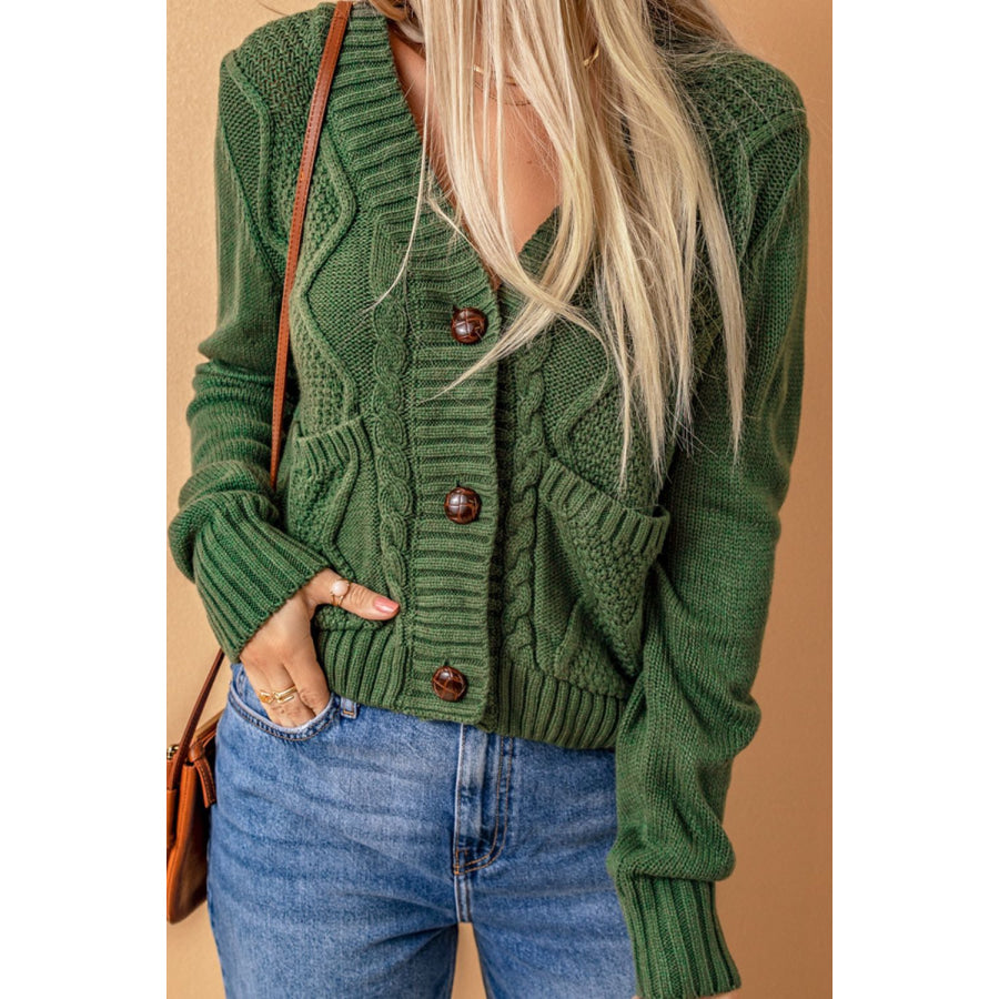 Cable-Knit Button Down V-Neck Cardigan Dark Green / M Apparel and Accessories
