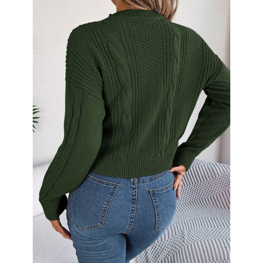 Cable-Knit Buttoned Round Neck Sweater Clothing