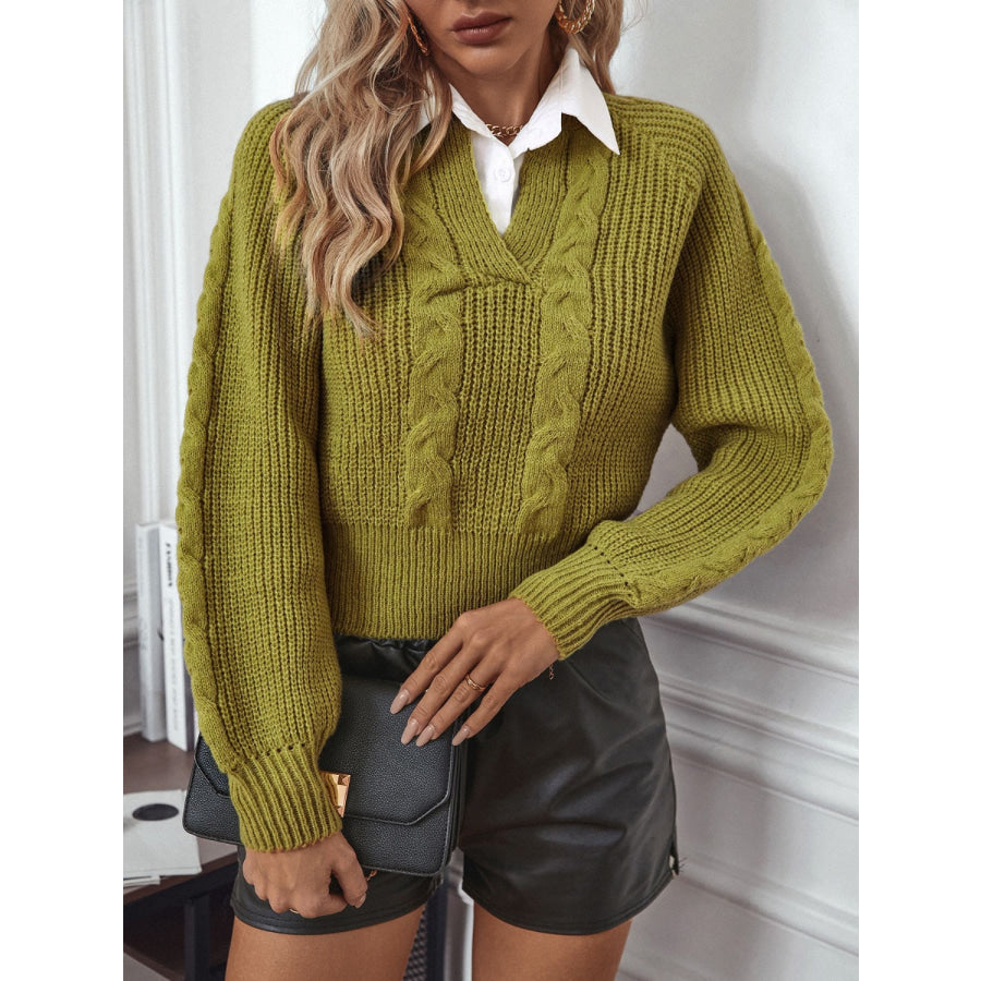 Cable-Knit Collared Neck Faux Layered Sweater Apparel and Accessories