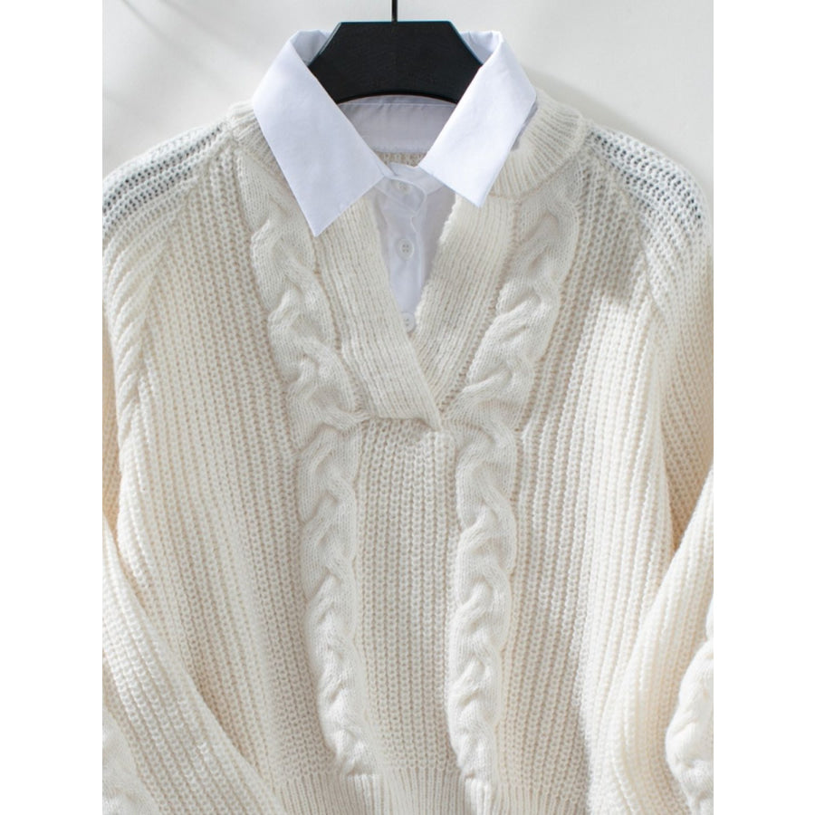 Cable-Knit Collared Neck Faux Layered Sweater Apparel and Accessories