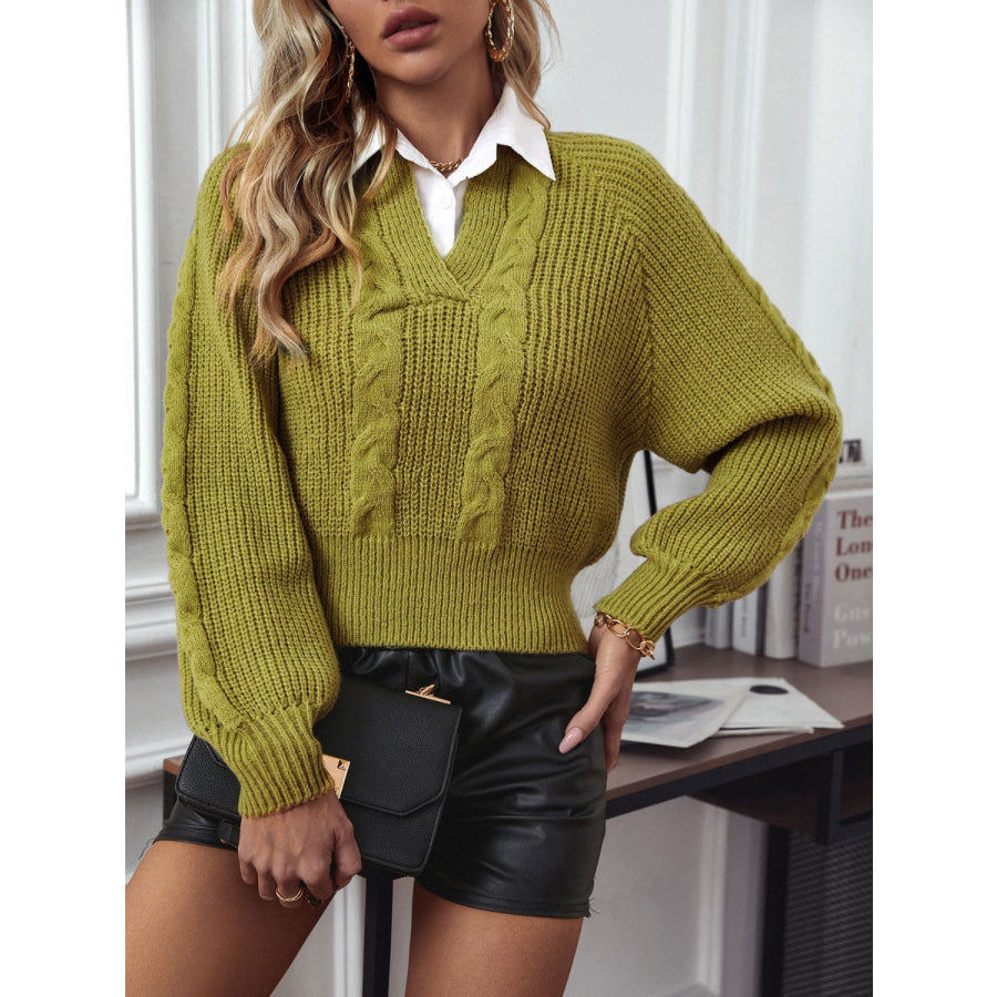 Cable-Knit Collared Neck Faux Layered Sweater Matcha Green / S Apparel and Accessories