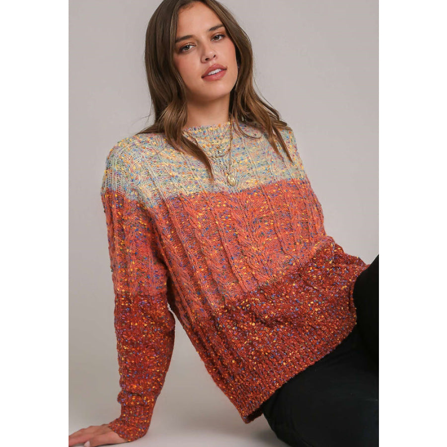 Cable-Knit Color Block Round Neck Long Sleeve Sweater Orange-Red / S Apparel and Accessories