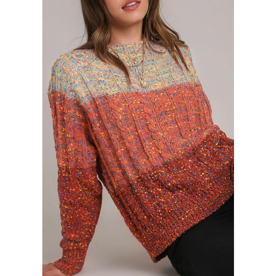Cable-Knit Color Block Round Neck Long Sleeve Sweater Orange-Red / S Apparel and Accessories